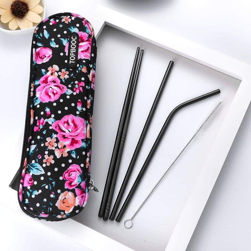 Topbooc أدوات السفر، مجموعة أدوات مائدة قابلة لإعادة الاستخدام للذهاب، مجموعة أدوات مائدة محمولة مع حقيبة مقاومة للماء لصناديق الغداء، مكان العمل، التخييم، النزهات (أسود) - Image 3